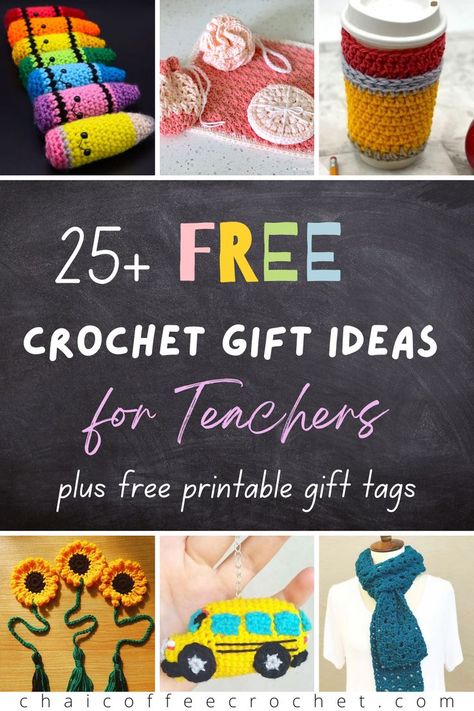 Are you looking for crochet gift ideas for teachers? This round up has over 25 free crochet patterns that teachers will love! They range from amigurumi patterns for teachers to self care, decor, and more! Plus, we have these adorable free printable chalkboard gift tags for teachers. Crochet Gift Patterns Free, Crochet Teacher, Crochet Teacher Gifts, Coffee Crochet, Crochet Craft Fair, Small Crochet Gifts, Fall Craft Fairs, Quick Crochet Gifts, Crochet Gift Ideas