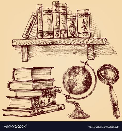 Drawings About School, Shelf With Books Drawing, Drawing Of Library, Book Case Drawing, Books On Shelf Drawing, Shelf Drawing Sketch, Book Shelf Sketch, Globe Reference, Old Book Drawing