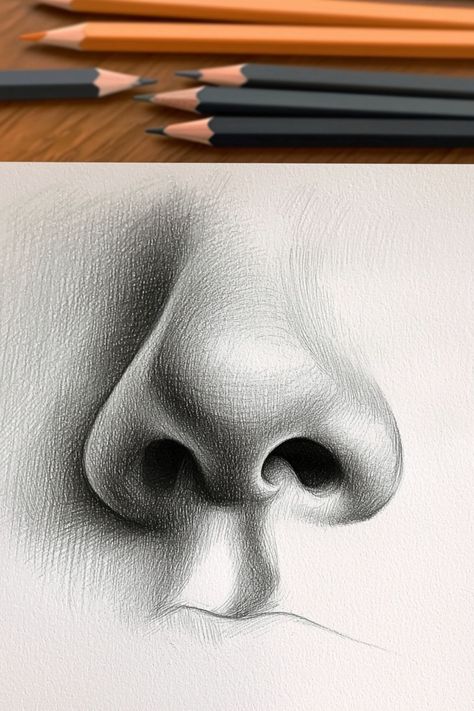 A pencil sketch of a nose with intricate shading, demonstrating realistic texture for little sketches nose practice. Draw Nose Step By Step, Nose Pencil Drawing, Sketches Nose, Nose Drawings, Nose Shading, Sketch Nose, Shading Ideas, The Perfect Nose, Creepy Sketches