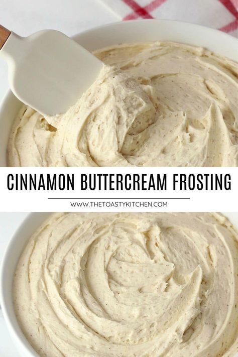 Cinnamon buttercream frosting by The Toasty Kitchen. Cinnamon buttercream frosting is sweet, whipped until light and fluffy, and filled with cozy cinnamon flavor. It's perfect for topping your seasonal cakes, cupcakes, and cookies. #frosting #dessert #christmas Fruit Cake Filling, Cinnamon Buttercream Frosting, Cookies Frosting, Seasonal Cakes, Fluffy Buttercream Frosting, Cooked Frosting, Cinnamon Roll Frosting, Cinnamon Buttercream, Dessert Christmas