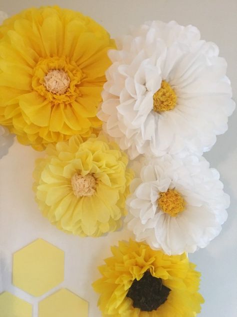 Giant yellow white and sunflower paper flower set beautiful | Etsy Hall Themes, Yellow Gerbera Daisy, Yellow Gerbera, Sunflower Paper, Bee Theme Party, Paper Sunflowers, 34th Birthday, Yellow Theme, Flowers Paper