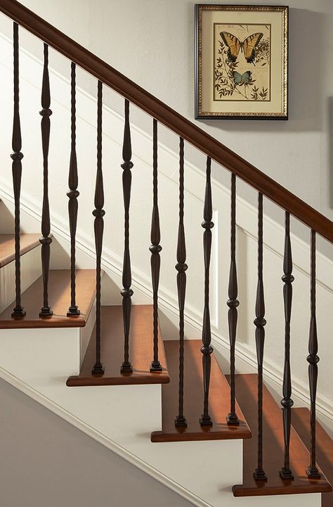 Wrought Iron Balusters, Iron Banisters And Railings, Wooden Bannister Ideas, Indoor Railings For Stairs, Bannister Update, Iron Stair Spindles, Iron Staircase Railing, Stair Railing Makeover, Garland Hanger