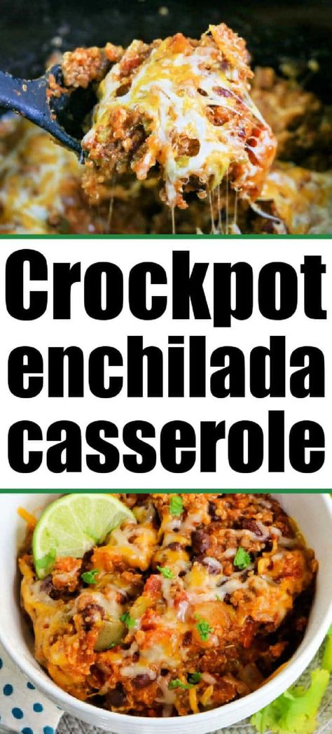 Cheesy Crockpot enchilada casserole is comfort food times 1,000! Packed with ground beef, tomatoes and more the flavors are great for dinner. Slow Cooker Enchilada Casserole, Crockpot Enchilada Casserole, November Dinner, Enchiladas Crockpot, Ground Beef Crockpot Recipes, Crockpot Recipes Mexican, Easy Casseroles, Slow Cooker Enchiladas, Slow Cooker Casserole