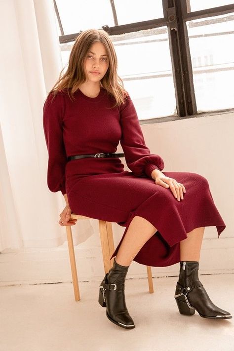 Maroon Dress Outfit, List Of Favorite Things, Knitted Dress Outfit, Maroon Midi Dress, Caroline Dress, Balloon Sleeve Sweater, Midi Sweater Dress, Capsule Closet, Maroon Dress