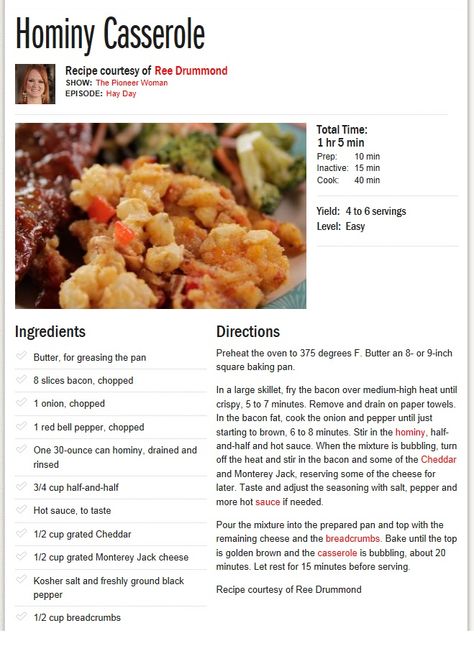 Hominy Casserole Fresh Corn Casserole, Hominy Casserole, Hominy Recipes, Frito Recipe, Popular Casseroles, Slow Cooked Ribs, Vegetarian Casserole, Vegetable Casserole, Pioneer Woman Recipes