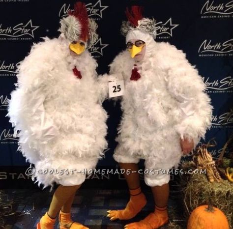 Cool Cackling Hens DIY Couple Costume Chicken Halloween Costume Women, Chicken Beak Mask Diy, Chicken Costume Diy Woman, Adult Chicken Costume Diy, Diy Chicken Costume Women, Adult Chicken Costume, Diy Chicken Costume, Easter Diorama, American Horror Story Costumes