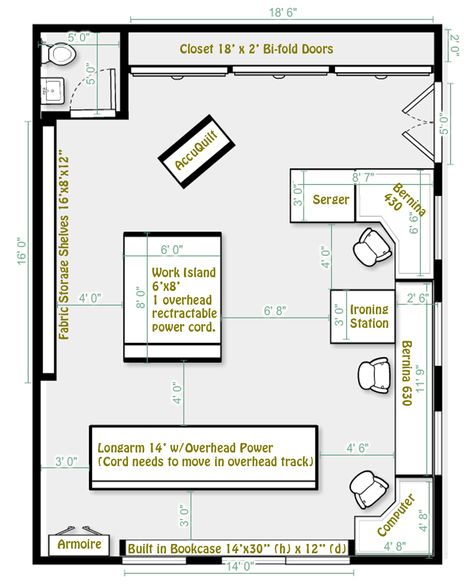 Art Studio Plans Layout, Amazing Craft Rooms, Sewing Room Layout Floor Plans, Sewing Studio Ideas Inspiration, Quilting Rooms In Small Spaces, Sewing Room Office Combo, Quilting Studio Sewing Spaces, She Shed Sewing Studio, Longarm Quilting Studio Sewing Rooms