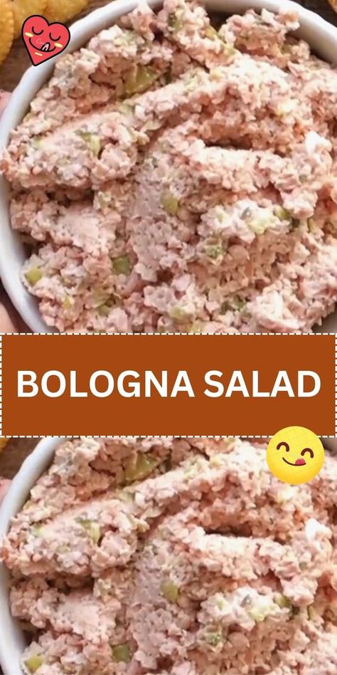 A unique salad made with finely chopped bologna, mixed with ingredients like pickles, onions, and a creamy dressing. It's a versatile dish that can be spread on sandwiches or crackers. Bologna Spread Recipes, Old Fashioned Bologna Salad, Meat Spreads For Crackers, Bologna Salad Recipe, Lebanon Bologna Cream Cheese Roll Ups, Bologna Salad Sandwich Spread, Bologna Sandwich Ideas, Bologna Appetizers, Bologna Recipes Ideas