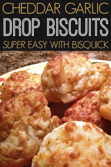 Super easy drop biscuits with garlic and cheddar cheese made with biscuit baking mix topped with garlic butter. Just like Red Lobster's Cheddar Bay Biscuits! #redlobster #cheddarbay #dropbiscuits #easy Cheddar Bay Biscuits Bisquick, Garlic Drop Biscuits, Garlic Cheese Biscuits, Bisquick Biscuits, Easy Drop Biscuits, Red Lobster Biscuits, Cheddar Bay Biscuits, Bisquick Recipes, Drop Biscuits