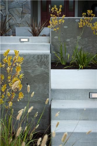 Concrete Wall Design, Contemporary Landscape Design, Retaining Wall Design, Concrete Retaining Walls, Areas Verdes, Patio Planters, Garden Steps, Landscape Plans, Green Landscape