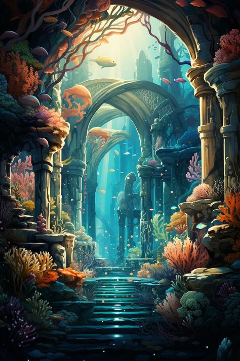 fantasy art, wallpaper, background, fantasy drawings, digital art, fantasy illustrations, fantasy landscape art, underwater labyrinth, mystical, immersive, journey, depths, exploration, underwater fantasy, intricate design, intricate artwork, underwater world, surreal, imaginative, mythical creatures, aquatic adventure, fantastical scenery, hidden treasures, ethereal beauty, submerged mysteries Underwater City Illustration, Ocean Fantasy Art Underwater, Underwater Village Art, Mythical Underwater Creatures, Underwater Library Fantasy Art, Underwater World Fantasy Mermaids, Underwater Palace Fantasy Concept Art, Underwater Cave Fantasy Art, Fantasy Ocean Landscape