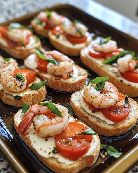 Cookerecipe | Caprese Shrimp Crostini | Facebook Prawn Cocktail Canape, Shrimp Crostini, Prawn Cocktail, French Baguette, 1 Pound, Olive Oil, Party Ideas, Chef, Essen