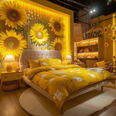 Sunflower Bedroom, Colourful Bedroom, Sunflower Room, Orange Rooms, Built In Shelves Living Room, Theme Bedroom, Floral Bedding Sets, Modern Small House Design, Yellow Room