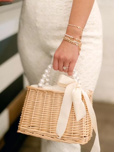 Basket bag for your bridal events or weekend of! Customize or leave it blank. Bag With Pearls, Bridal Events, Bride Bag, Bridal Event, Basket Bag, Bride Style, Wedding Weekend, The Bride