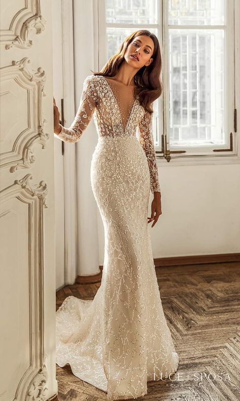 Weddinginspirasi.com featuring - Luce Sposa 2021 “Shades of Couture” Wedding Dresses -- luce sposa 2021 shades of couture bridal long sleeves plunging v neckline fully embellished sheath wedding dress chapel train (melody) mv #Ad #Bridal #LuceSposa #Sposa #Wedding #Weddingdress #WeddingDresses #WeddingGown #WeddingGowns ~ Couture Wedding Dresses, Wedding Inspirasi, Classy Wedding Dress, Exquisite Gowns, Couture Bridal, Dream Wedding Ideas Dresses, Styl Glamour, Winter Wedding Dress, Classy Wedding