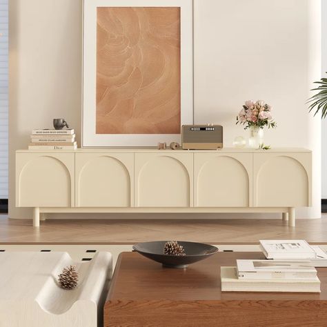 Mercer41 Haana 78.8'' W TV Stands One-Piece Storage Credenza Media Console | Wayfair White Tv Cabinet, French Cream, White Tv Stands, Arch Shape, White Tv, Cool Tv Stands, Roman Architecture, Storage Credenza, Living Room Tv Stand