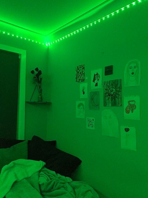 Green Led Light Aesthetic, Lime Green Rooms, Wall Decor With Led Lights, Led Lights Decor, Green Room Ideas Bedroom, Led Lights Bedroom Aesthetic, Light Green Bedrooms, Hijau Neon, Nature Room