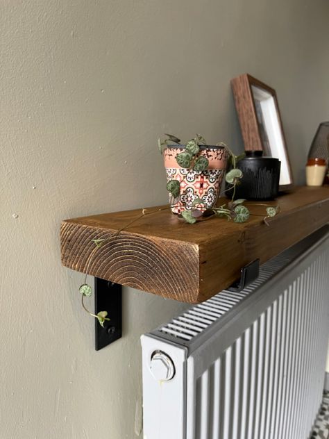 Handmade in Scotland from reclaimed timber. Solid wood thick radiator shelf woth metal brackets Shelf With Brackets, Radiator Shelf, Wood Wall Shelf, Reclaimed Timber, Rustic Shelves, Shelf Brackets, Dream House Plans, Colour Star, Wall Shelf