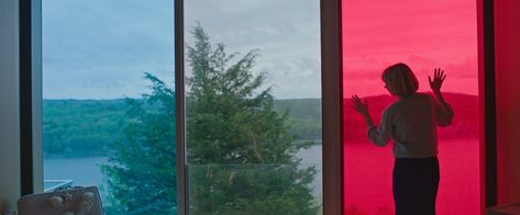 Woman stands in front of a red window glass pane. There are also blue and clear panes Swallow Movie, Elizabeth Marvel, Haley Bennett, Newly Pregnant, Casey Affleck, Bob Fosse, Anne Bancroft, Stepford Wife, North By Northwest