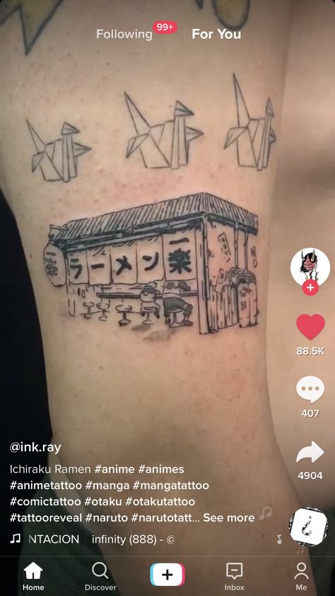 Ichiraku Ramen Shop, Ichiraku Ramen, Shop Tattoo, Comic Tattoo, Manga Tattoo, One Piece Tattoos, Ramen Shop, Anime Tattoos, Body Mods