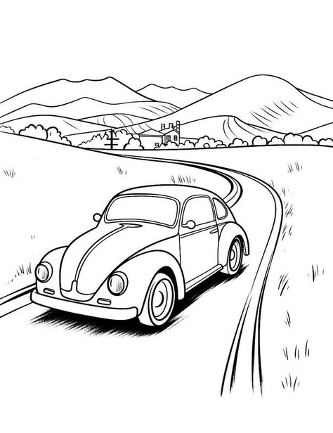 Vw Coloring Pages, Car Pictures To Color, Road Trip Coloring Pages, Diner Typography, Coloring Pages For Adults Free Printable, Country Coloring Pages, Car Coloring Pages Free Printable, Coloring Car, Missions Conference