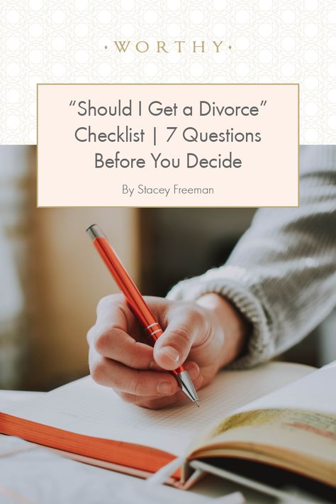 The Divorce Checklist is here. See the seven things you should check off before contemplating divorce. From finances to counseling, find out what Stacey Freeman believes you need to determine before ending things. Divorce Checklist, Before Divorce, Pre Marriage Counseling, Divorce Counseling, Feeling Betrayed, Marital Problems, Social Pressure, Guilt Trips, Best Marriage Advice