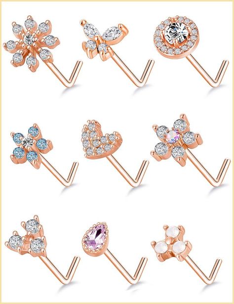 9Pcs Nose Rings Stud L Bone Screw Shaped Nose Ring Flower CZ Snowflake Butterfly Screw Nose Stud Body Piercing Jewelry for Women Men 20G Silver Gold Rose Gold Tone Snowflake Butterfly, L Shaped Nose Ring, Nose Piercing Stud, Nose Shapes, Dermal Piercing, Ring Flower, Gold Anklet, Lip Ring, Nose Rings