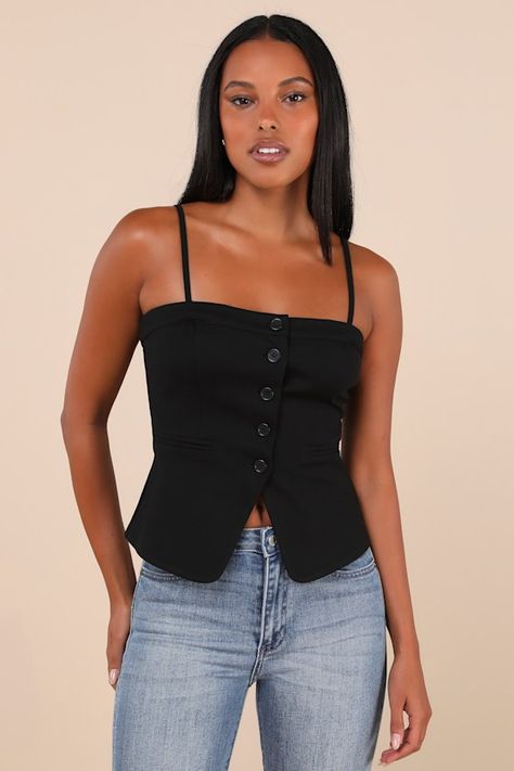 Vest Tops Women, Adhesive Bra, Tailored Clothes, Chic Top, Black Vest, Strapless Bra, Black Button, Tank Top Cami, Vest Top