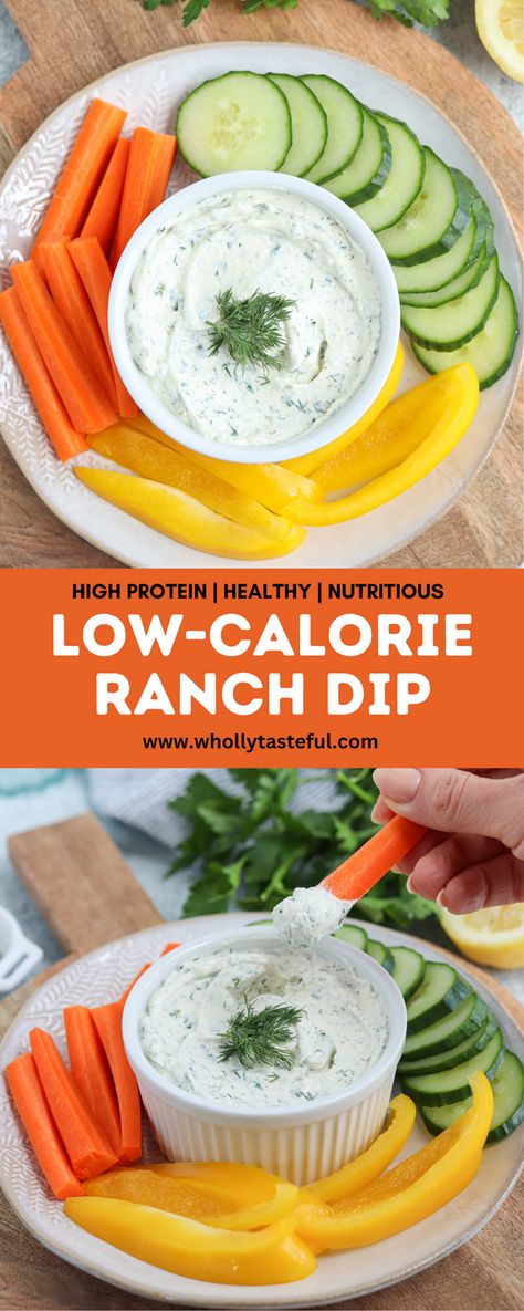 Low-calorie, high-protein Ranch Dip is super easy to make and perfect for enjoying with veggie sticks and cucumber slices. Made with cottage cheese, Ranch seasoning and fresh herbs.  low calorie weight loss meal ideas Low Carb Vegetable Dip, Low Calorie Vegetable Dip, High Protein Dip For Veggies, Low Fat Veggie Dip, Low Calorie Dips For Veggies, High Protein Veggie Dip, Low Calorie Veggie Dip, Low Calorie Dips, Low Cal Ranch