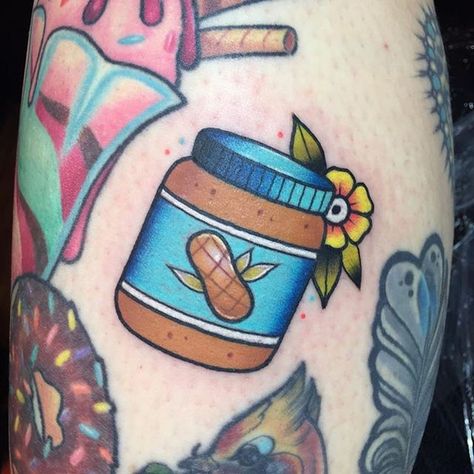 Peanut Butter Tattoo, Butter Tattoo, Jar Tattoo, Peanut Butter Jar, Sunflower Tattoos, Body Mods, Body Tattoos, London England, I Tattoo