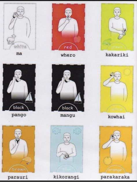 Incorporating the 3 main languages of NZ. Using the Maori colour song, each picture depicts the action in sign language. For the vowels use dominant hand to point to each finger of opposite hand in turn as you say the vowels Nz Sign Language New Zealand, Nz Sign Language, Sign Language Colors, Sign Language Songs, Ece Activities, Preschool Circle Time Activities, Te Reo Maori Resources, Sign Language Chart, Sign Languages