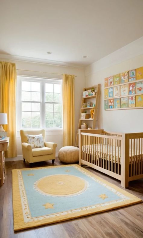 Educational-themed gender-neutral nursery design. Blue And Yellow Nursery, Gender Neutral Nursery Ideas, Neutral Nursery Ideas, Yellow Nursery, Cosy Living, Versatile Furniture, Gender Neutral Nursery, Neutral Nursery, Expecting Baby