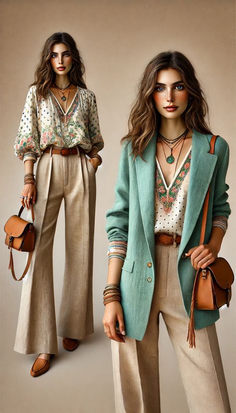 Boho Office Outfit, Colour Seeds, Outfits Ideas For School, Autumn Color Palette Fashion, Look Boho Chic, Blazer Outfits Casual, Preppy Boho, Stylish Fall Outfits, Boho Style Outfits