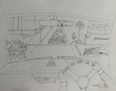 Inside view of Traffic Signal from Car. Memory drawing by Artist Hemant Jha Memory Drawing, Window Drawing, Perspective Drawing Lessons, Inside Car, One Point Perspective, Triangle Art, Scene Drawing, Traffic Signal, Point Perspective