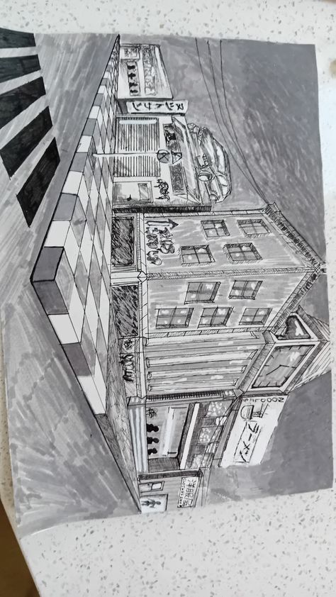 We had to do a 2 point perspective for our homework so I came up with this! 2 Point Perspective City, 2 Point Perspective Drawing, 2 Point Perspective, City Project, Point Perspective, Perspective Drawing, Work Ideas, Drawing Reference, Homework