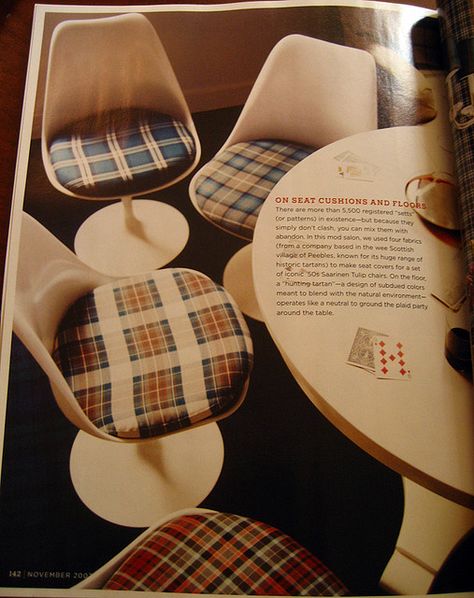 Tulip chairs with plaid seats Eero Saarinen Tulip Chair, Tulip Chairs, Tulip Chair Saarinen, Midcentury Interior, Mid Century Dining Room, 1970s Home, Tulip Chair, Mcm Furniture, Mod Squad