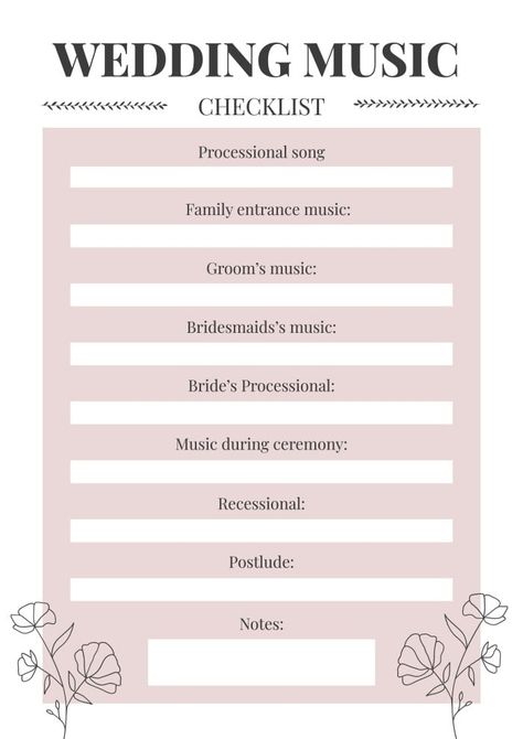 Floral Ornamental Wedding DJ Checklist Wedding Ceremony Music Checklist, Wedding Music Checklist, Wedding Dj Checklist, Celestial Wedding Theme, Order Of Wedding Ceremony, Wedding Song List, Wedding Reception Timeline, Wedding Ceremony Songs, Wedding Ceremony Music