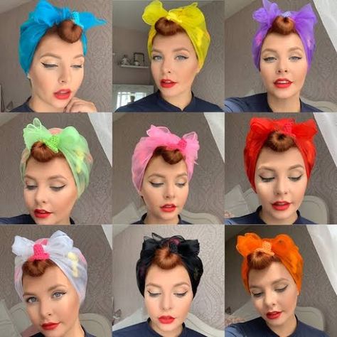 head scarf over rollers - Google Search Head Scarfs, Sock Hop, Head Scarf Styles, Hair Nets, Hair Net, Retro Hairstyles, Chiffon Scarf, Gifts For An Artist, Everyday Hairstyles