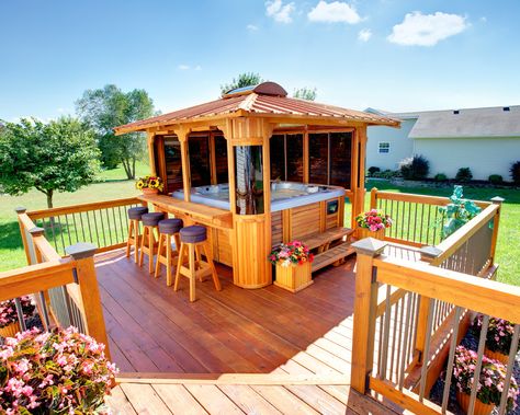 Hot Tubs - Deck - St Louis - by Prestige Pools & Spas | Houzz Hot Tub Bar, Hot Tub Privacy, Hot Tub Pergola, Hot Tub Landscaping, Hot Tub Patio, Outdoor Hot Tub, Hot Tub Gazebo, Hot Tub Deck, Hot Tub Backyard