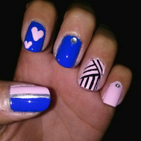 Heart Nails Blue, Cobalt Nails, Nails Blue And Pink, Nails Pink Heart, Blue And Pink Nails, Pink Heart Nails, Nails Blue, Nail Envy, Nails Pink