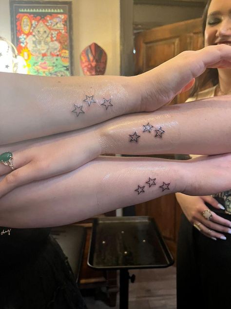 Matching Back Tattoos For Best Friends, Matching Tattoos For Best Friends Aesthetic, Y2k Matching Tattoo Ideas, Small Matching Tattoos 3 People, Group Of 4 Matching Tattoos, Matching Tattoos For 5 People, Trio Tattoo Ideas Aesthetic, Girly Matching Tattoos, Matching Tattoos Wrist