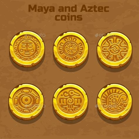 old gold aztec and Maya coins, resource gaming element Maya Gold, Coin Games, Mayan Symbols, Coin Icon, Dnd World Map, Aztec Gold, Pirate Games, Coin Art, Geometric Design Art