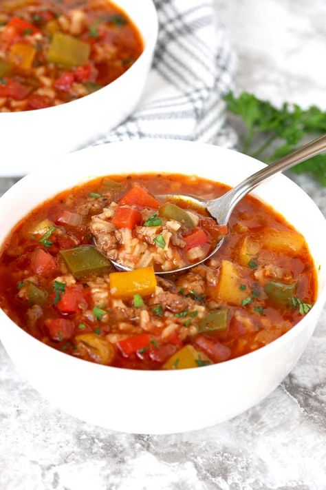 Soup Recipes With Ground Beef, Peppers And Rice, Stuffed Pepper Soup Recipe, Pepper Soup Recipe, Ground Turkey Soup, Bell Pepper Soup, Hamburger Soup, Stuffed Pepper, Pepper Soup