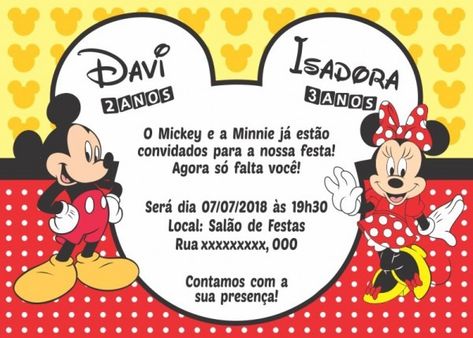 50 Convites Minnie E Mickey 10x7 Cm AniversÃ¡rio Minie Minnie Birthday Invitations, Mickey Invitations, Baby Minnie, Mickey Party, Minnie Birthday, Mickey And Friends, Birthday Theme, Birthday Invitations, Minnie Mouse