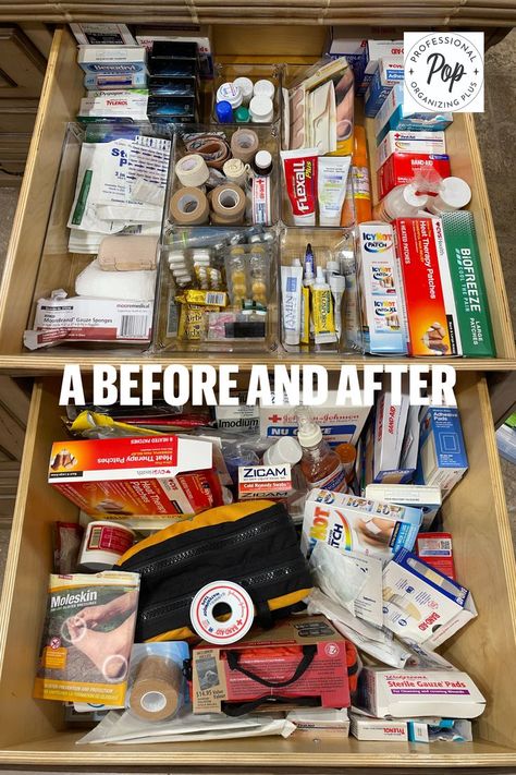 This is how we organized this First Aid drawer, so each item is clearly visible and easy to access First Aid Organization, Icy Hot, Heat Therapy, First Aid, Drawers