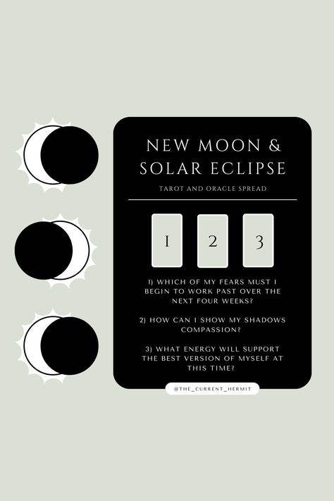 Here’s a quick New Moon & Solar Eclipse Tarot Spread that you can use to connect with today’s energy. You also can save it for the next New Moon (Solar Eclipse) as I did not write this with specificity towards Aries energy. Aries New Moon Solar Eclipse Tarot Spread, Solar Eclipse In Aries Tarot Spread, New Moon Solar Eclipse Tarot Spread, Aries Solar Eclipse, Solar Eclipse Tarot Spread, Eclipse Tarot Spread, Solar Eclipse Tarot, New Moon Tarot Spread, New Moon Solar Eclipse