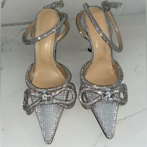 Mach & Mach Crystal Double Bow Pointed Toe Pump Double Bow, Ankle Strap, Leather Upper, Buckle, Pumps, Crystals, Heels, Leather