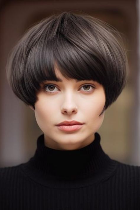 A modern bowl cut offers a bold and unique look for those who dare to be different. This chin-length hairstyle is characterized by its rounded shape, hugging the contours of the head. Click here to check out more trending chin-length hairstyles to try right now. Bowl Bob Haircut, Short Sleek Bob Hairstyles, Bowl Cut For Women, Short Sleek Bob, Modern Bowl Cut, Bowl Haircut Women, Wavy Bob Haircut, Sleek Bob Hairstyles, Waves Haircut