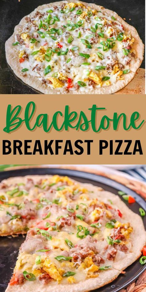 Blackstone Breakfast Pizza - grillonadime.com Breakfast Recipes Blackstone, Easy Griddle Breakfast Ideas, Breakfast Grill Ideas, Healthy Blackstone Breakfast, Tailgate Blackstone Recipes, Breakfast Pizza On Blackstone, Flat Grill Breakfast Ideas, Breakfast Blackstone Griddle Recipes, Vegetarian Griddle Recipes