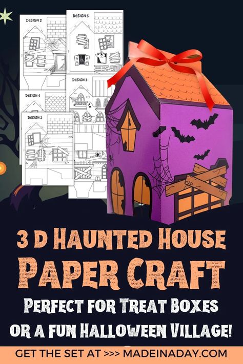 Add a touch of spookiness to your Halloween goodies with our 3D Haunted House treat boxes or make the coolest haunted house village with our printable templates! halloween treat boxes, haunted house paper craft, 3d haunted house template, haunted house village House Paper Craft, 3d Haunted House, 3d Paper Houses, Cheap Halloween Diy, Spooky Halloween Crafts, 3d Templates, Halloween Treat Boxes, Haunted House Halloween, House Village